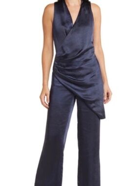 🤩 Adelyn Rae Navy Nanci Overlay Satin Faux Wrap Jumpsuit - size M